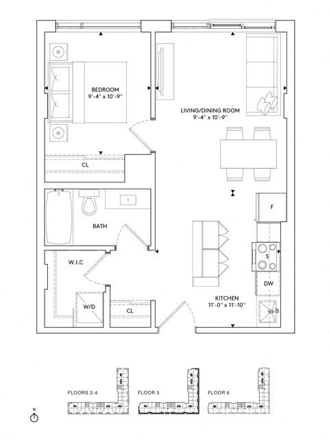 Floor plan for 1 bed, 1 bath, 604 sqft